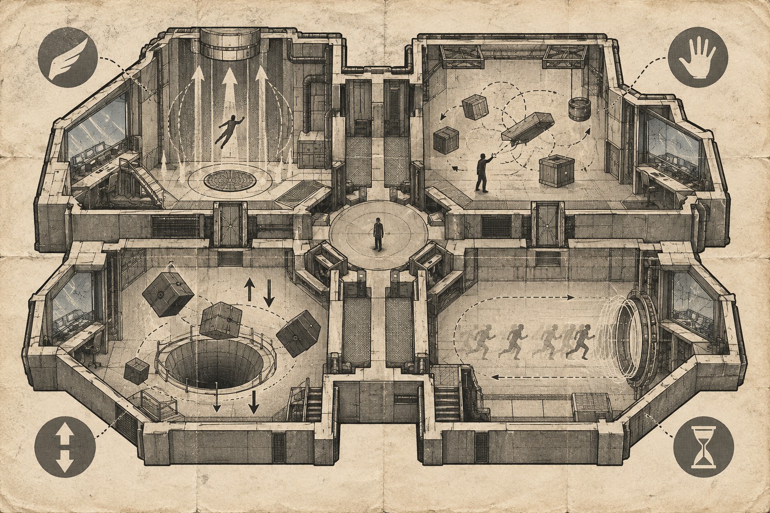 Isometric plan of four test chambers around a central hub, each marked with a power symbol