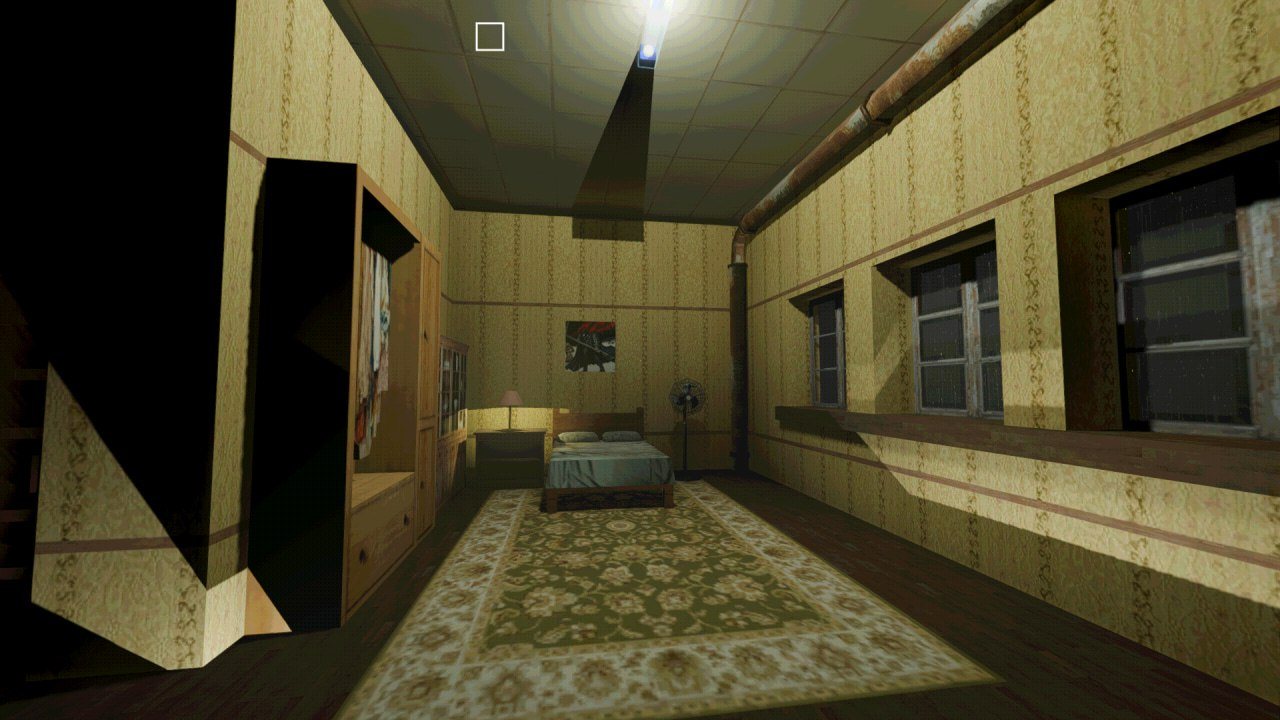 Crew quarters inside the lunar base: a bed, a wardrobe, a lamp and a rug under a ceiling light