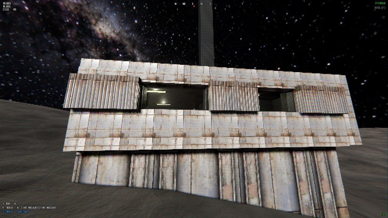 The outside of a base module on the lunar surface under a starry sky