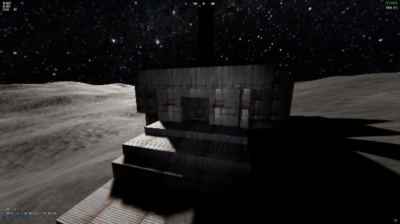 A base entrance with stairs on the moon at night, with a dark tower behind it